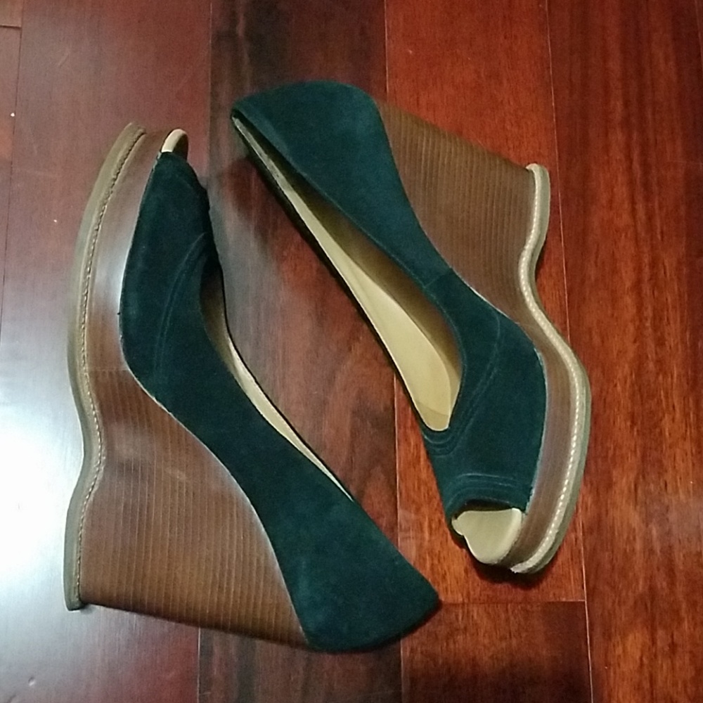 Michael Kors black wedges with faux wood wedge